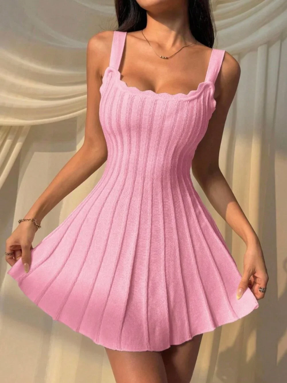 Baby Pink Casual Women's Knitted Sweater Dress